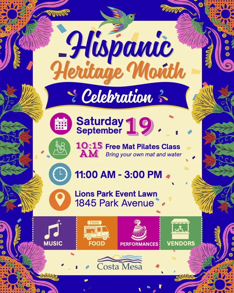 Colorful Hispanic Heritage Month flyer with event details for September 19, 11 AM–3 PM at Lions Park Event Lawn. Includes icons for music, food, performances, vendors, and a pilates class. Florals, confetti, and festive borders decorate.
