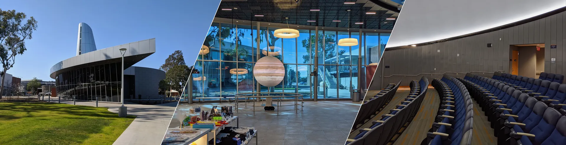 A collage shows a modern planetarium building exterior, a bright lobby with a large Saturn model, and the interior of a domed theater with rows of blue seats.