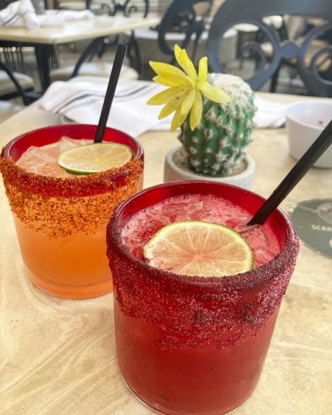 Two colorful cocktails with chili powder rims and lime slices are on a table, next to a small potted cactus. The background shows chairs and a napkin, suggesting an outdoor café setting.