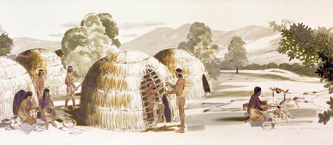 An illustration of Indigenous people outside dome-shaped, thatched huts, engaged in daily activities like weaving and cooking, reflecting the early history of Costa Mesa. Trees and mountains rise in the background.