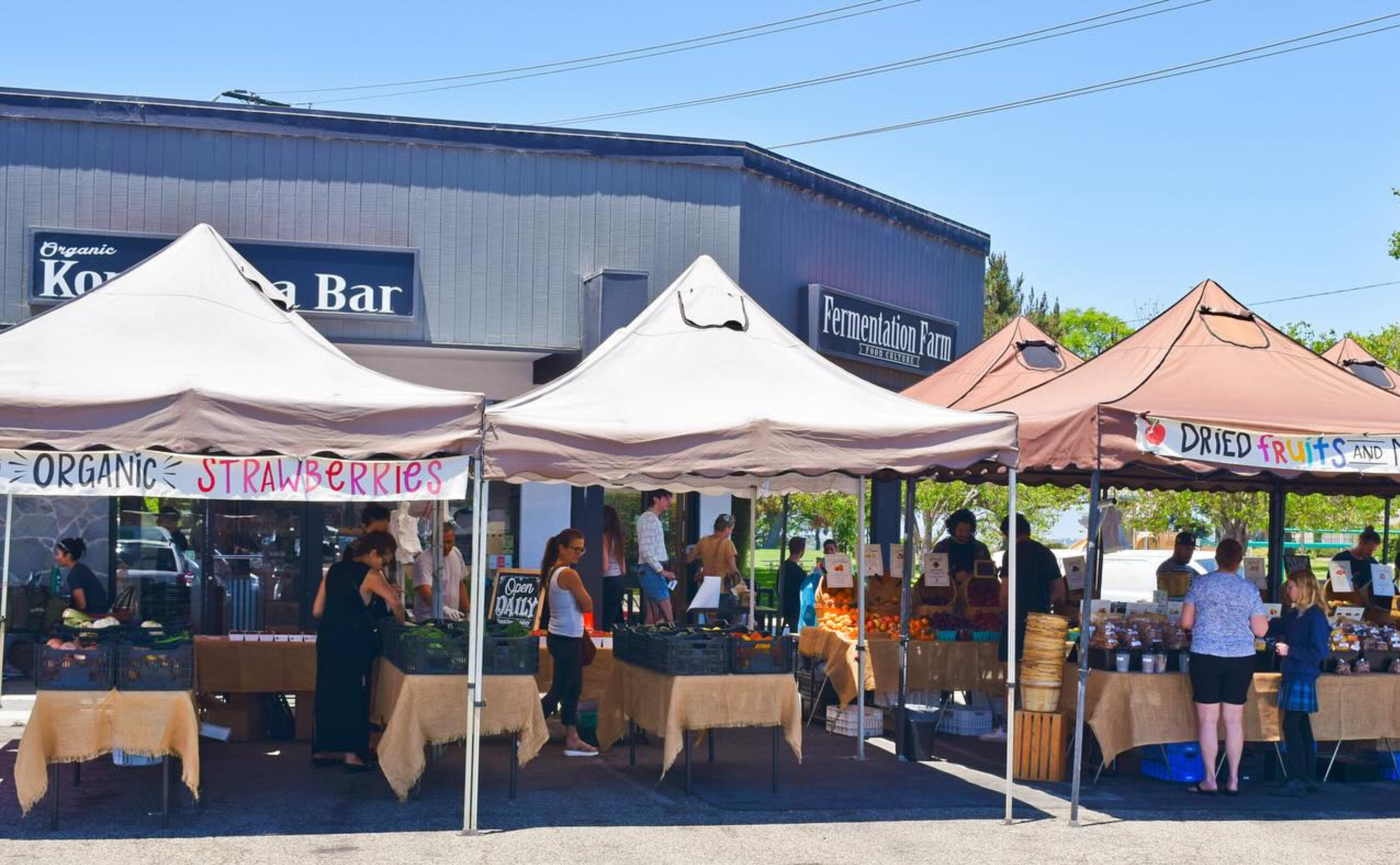 Outdoor farmers’ market with tents selling organic strawberries and dried fruits. Several people browse and shop at vendor stands in front of a shop building on a sunny day.