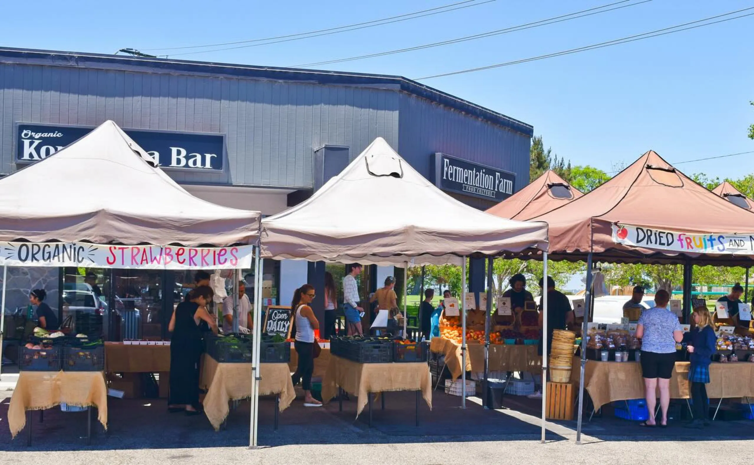 Outdoor farmers’ market with tents selling organic strawberries and dried fruits. Several people browse and shop at vendor stands in front of a shop building on a sunny day.