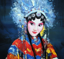 A woman in vibrant, traditional Chinese opera costume and elaborate headdress poses against a dark blue background, her face painted with dramatic pink and white makeup.