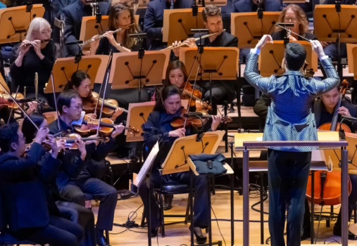 A conductor leads an orchestra of musicians playing string and wind instruments on stage, all dressed in formal dark clothing with music stands in front of them.
