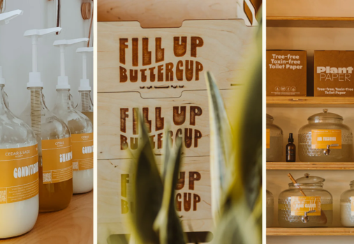 Three-panel image: Left shows refillable bottles labeled conditioner, shampoo, and soap with pumps; center features wooden boxes with “Fill Up Buttercup” text; right displays eco-friendly toilet paper and glass jars on shelves.