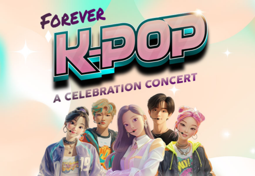 Illustration of five animated K-pop idols posing confidently below stylized text that reads Forever K-POP: A Celebration Concert against a colorful pastel background with sparkles and abstract shapes.