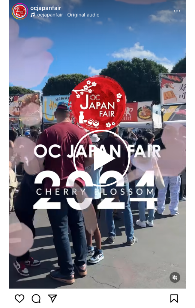 People stand in line at an outdoor event with food booths in the background. Text overlay reads OC Japan Fair 2024 Cherry Blossom. Pink cherry blossom graphics are scattered across the image.