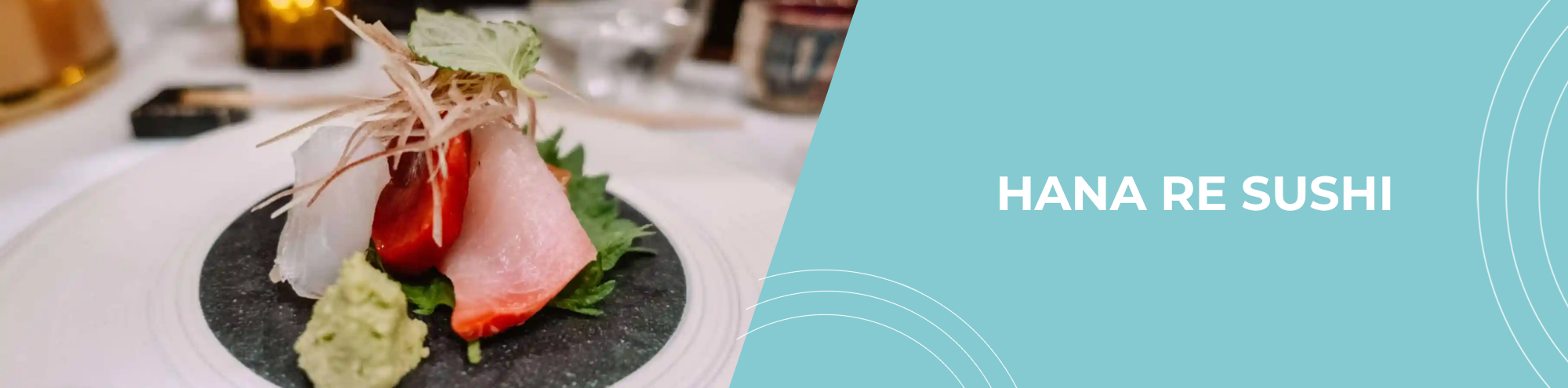A close-up of assorted sashimi slices on a black plate with wasabi, garnished with herbs; next to a mint green section featuring the text HANA RE SUSHI COSTA MESA in white.