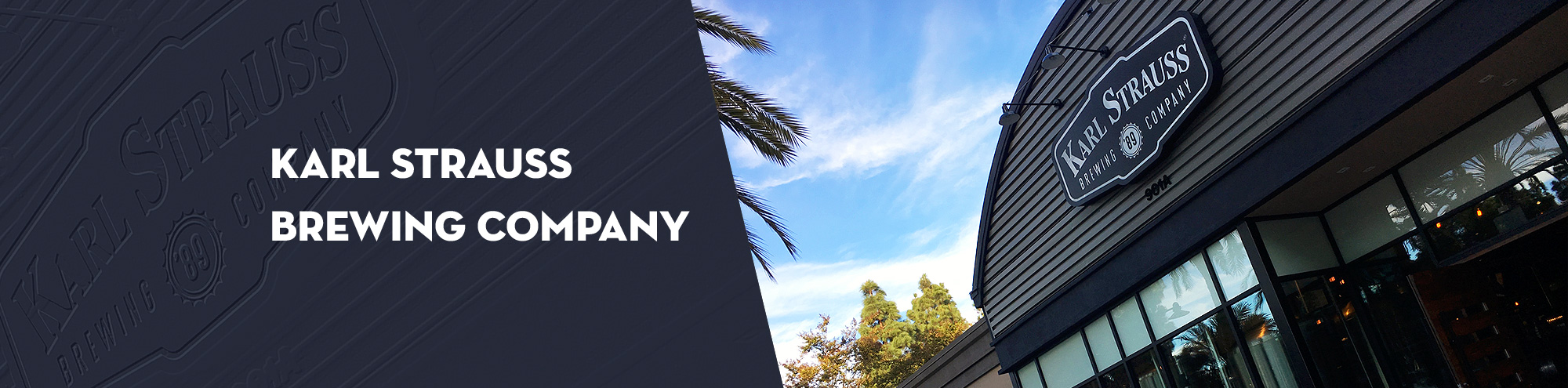 Exterior view of a building with a Karl Strauss Brewing Company sign, clear blue sky, palm trees, and reflections in the glass windows. Text overlay reads Karl Strauss Costa Mesa Brewing Company.