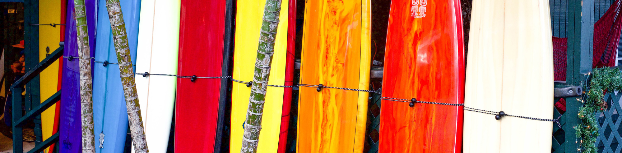 A row of colorful surfboards, including red, yellow, orange, purple, and blue, are standing upright and secured with a black cord outdoors.