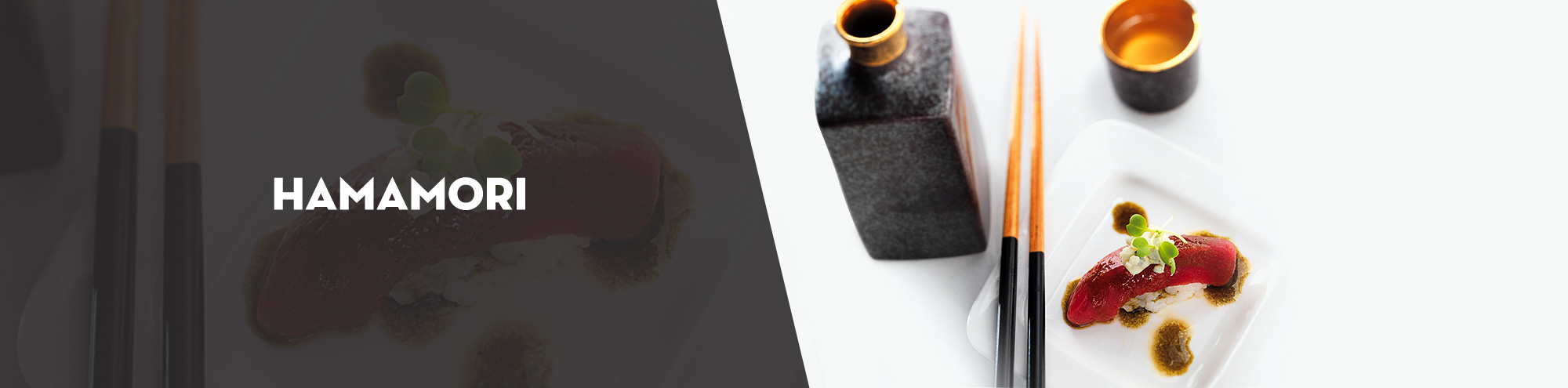 A plate of sushi garnished with sauce and microgreens sits beside chopsticks and a sake set, capturing the refined dining experience at Hamamori Costa Mesa. The word HAMAMORI appears on a dark overlay on the left side.