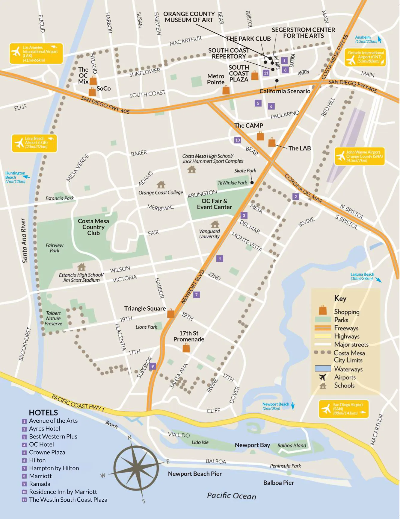 Illustrated costa mesa map of California, highlighting major streets, attractions, hotels, parks, shopping centers, and airport locations with colorful icons and a handy key for easy navigation and landmark spotting.