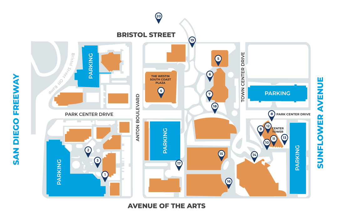 Map of a business area near San Diego Freeway, highlighting parking locations, buildings, and labeled streets—Bristol Street, Sunflower Avenue, Avenue of the Arts, Park Center Drive, and Anton Boulevard—close to the popular Costa Mesa Art Walk.
