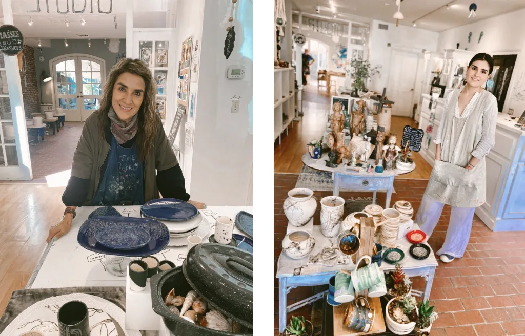 Side-by-side photos: On the left, a woman smiles at a pottery workspace with ceramic plates and bowls. On the right, she stands by a display of pottery and art in a bright, inviting studio.