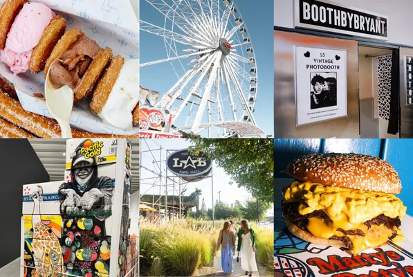 A collage with six photos: churros and ice cream, a Ferris wheel, a vintage photo booth sign, vibrant street art mural, three people posing outdoors in Costa Mesa, and a cheeseburger—perfect for your Costa Mesa travel blog.