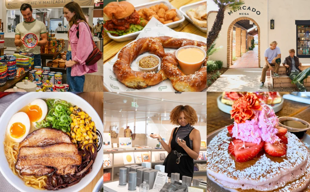 A collage for a Costa Mesa travel blog featuring people shopping, dishes like ramen, burgers, pretzels, pancakes with strawberries, and two people relaxing outside Mercado Mesa with its distinctive arched entrance.