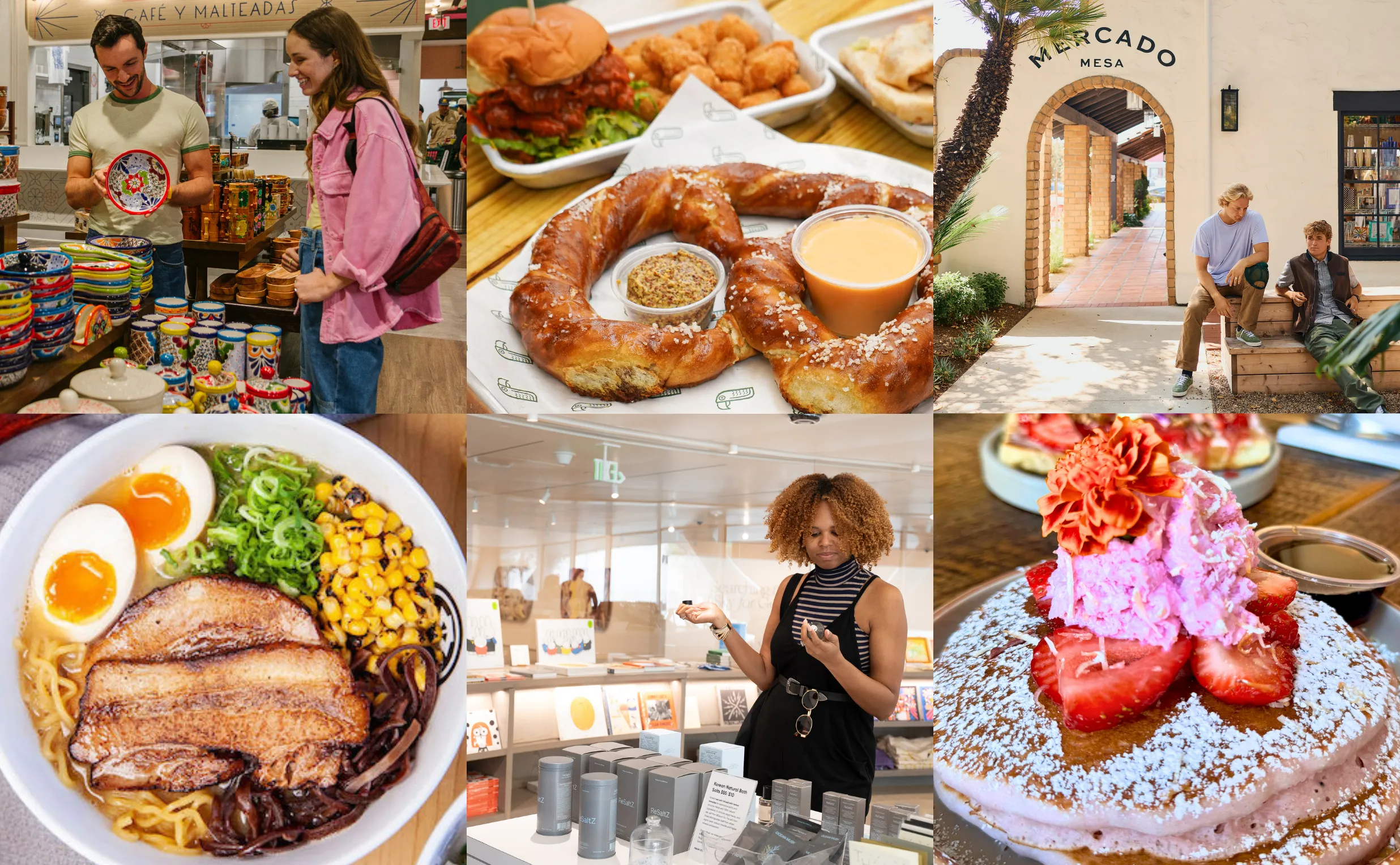 A collage for a Costa Mesa travel blog featuring people shopping, dishes like ramen, burgers, pretzels, pancakes with strawberries, and two people relaxing outside Mercado Mesa with its distinctive arched entrance.