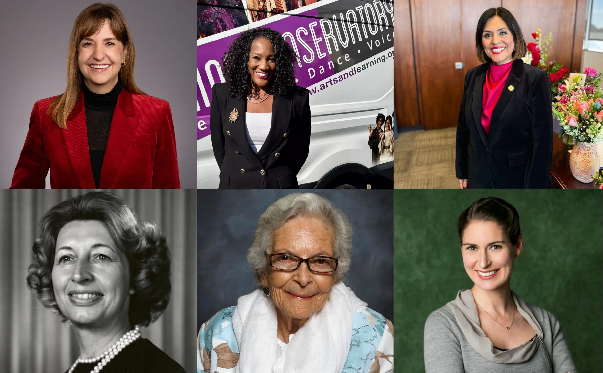 A collage of six women of diverse ages and backgrounds, each smiling at the camera in professional or formal attire, featured on a Costa Mesa travel blog with different indoor and outdoor backgrounds behind them.