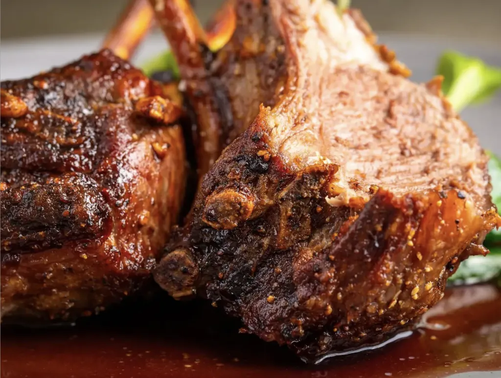 Close-up of two pieces of roasted, seasoned rack of lamb with a crispy crust, served on a plate with a pool of brown sauce and greens in the background.