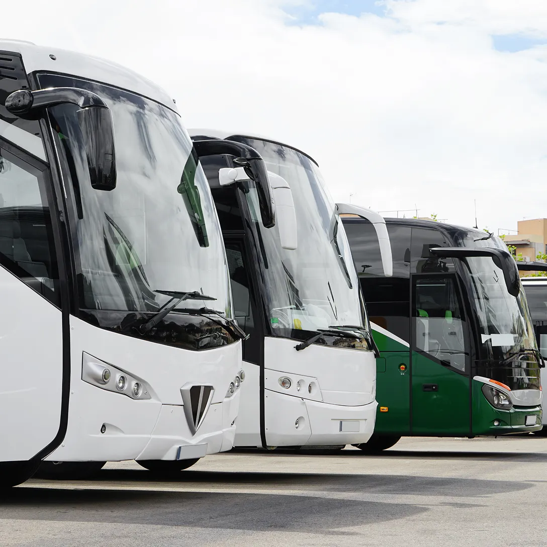 Several modern buses, ideal for sports events in Costa Mesa and Orange County, are parked side by side on a paved lot, with mostly white exteriors and one green bus. The sky is partly cloudy in the background.