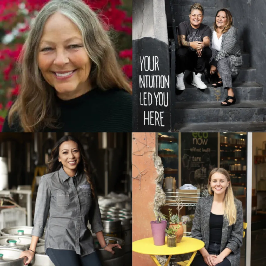 A collage of four women in different settings: one smiling outdoors, two sitting on steps beside a sign reading Your intuition led you here, one standing in a brewery, and one seated at a yellow table outside a café.