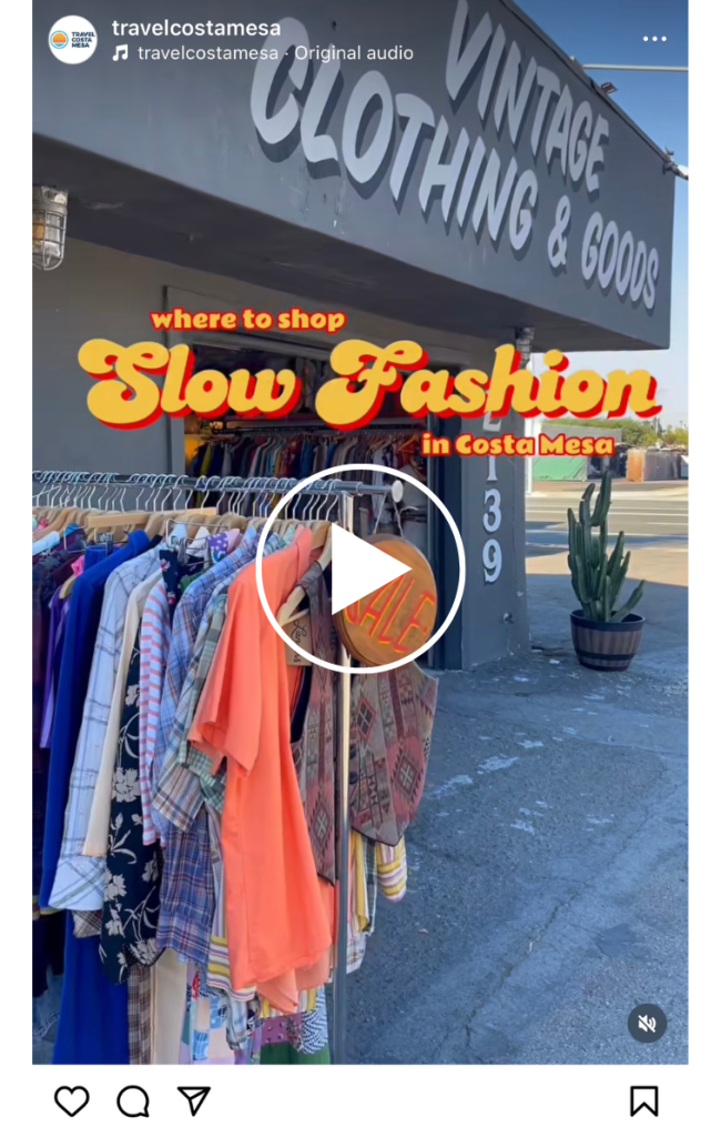 A clothing rack with colorful vintage clothes stands outside a store with a sign reading VINTAGE CLOTHING & GOODS. Text over the image says where to shop Slow Fashion in Costa Mesa. A cactus and sidewalk are visible.