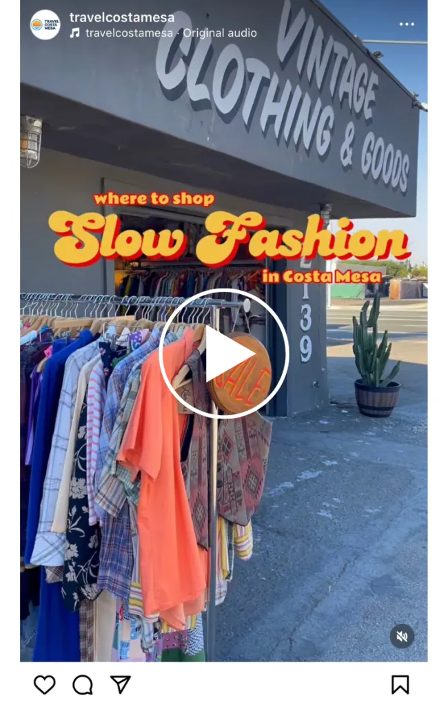 A clothing rack with colorful vintage clothes stands outside a store with a sign reading VINTAGE CLOTHING & GOODS. Text over the image says where to shop Slow Fashion in Costa Mesa. A cactus and sidewalk are visible.