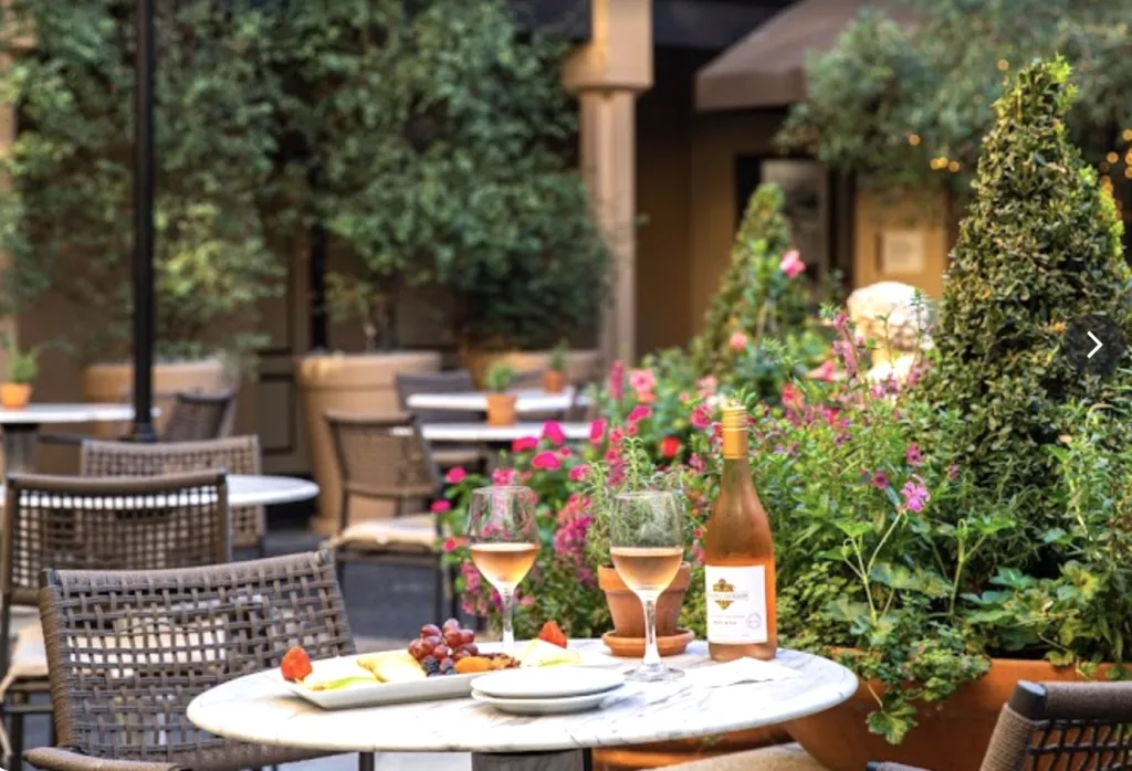 A marble table on an outdoor patio holds two glasses of rosé wine, a bottle, and a plate of cheese and grapes. Wicker chairs and lush greenery with pink flowers surround the peaceful setting.