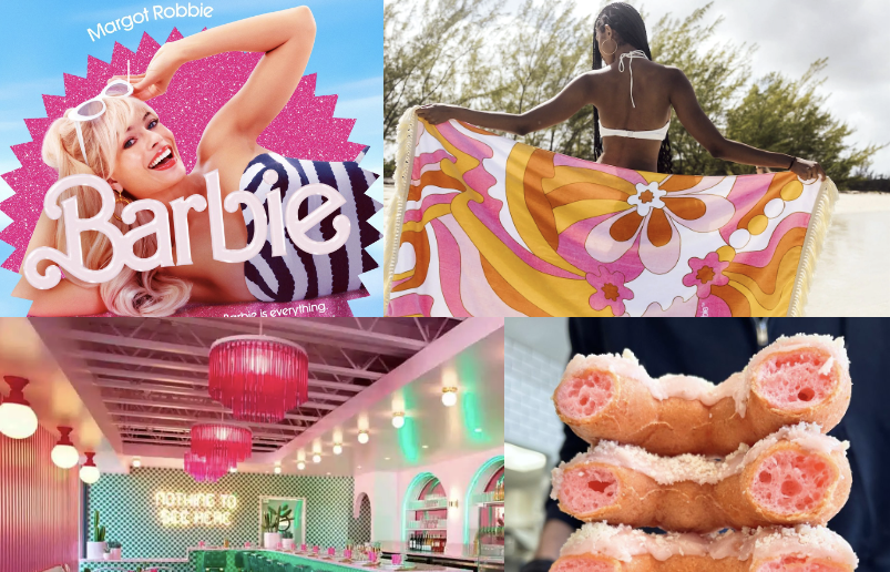 A collage with four images: Barbie movie poster, a woman holding a colorful beach towel, a retro-style diner with pink lights, and pink-frosted pastries—perfect inspiration for any Costa Mesa travel blog.