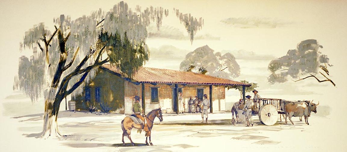 A painting of an old ranch scene captures the history of Costa Mesa, featuring a one-story adobe house, a horse tied to a tree, several people in period clothing, and an ox-drawn wooden cart under large trees in a rural setting.