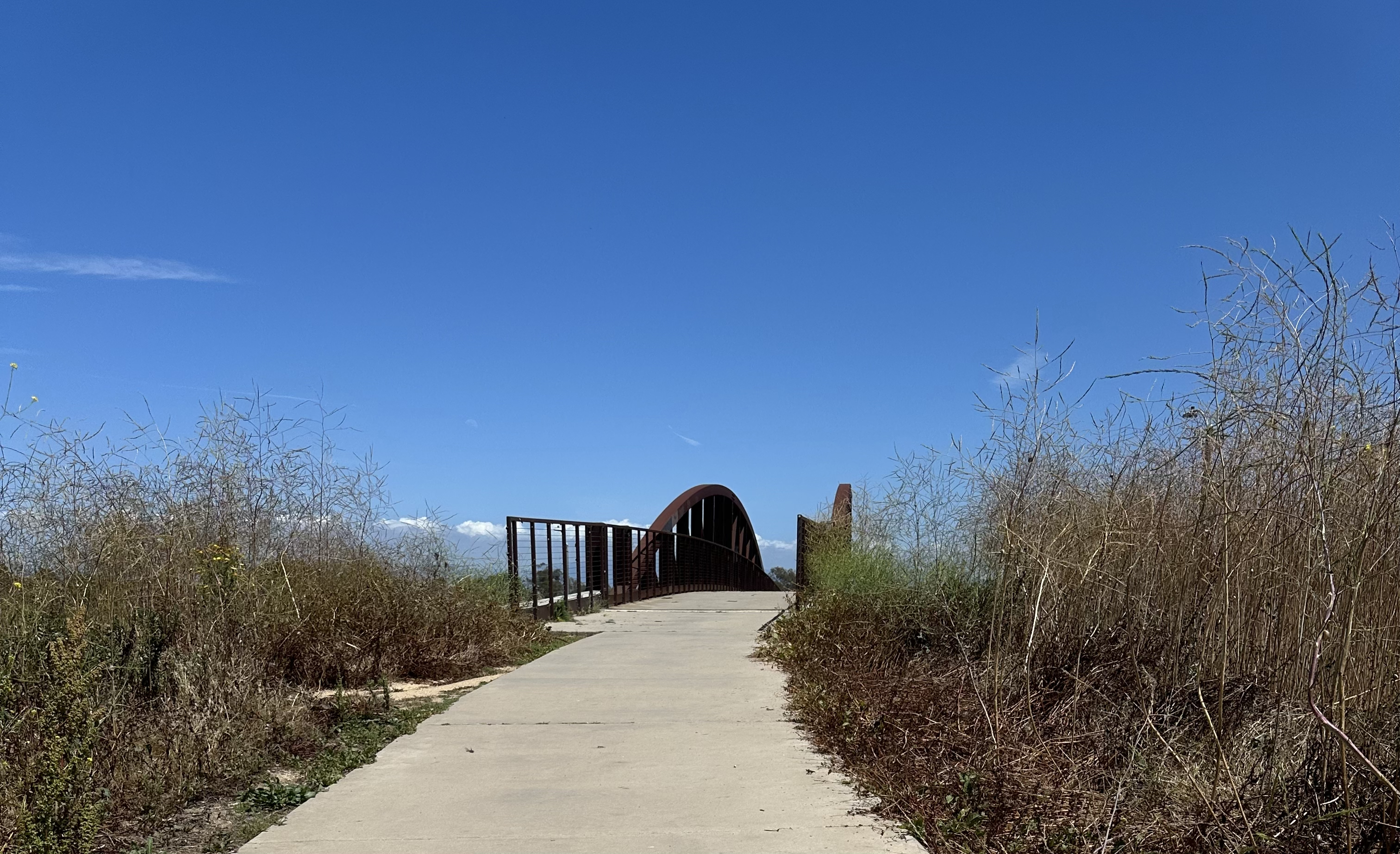 A concrete path leads to a modern arched pedestrian bridge in Fairview Park, Costa Mesa, surrounded by tall dry grass under a clear blue sky.