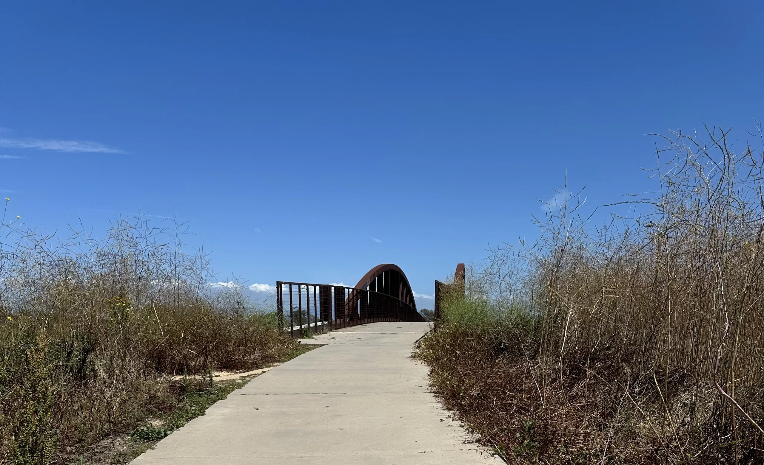 A concrete path leads to a modern arched pedestrian bridge in Fairview Park, Costa Mesa, surrounded by tall dry grass under a clear blue sky.