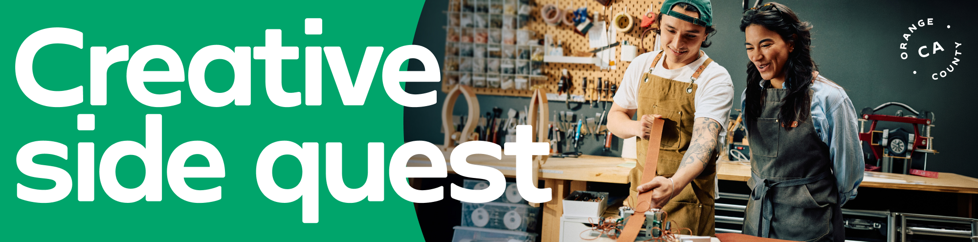 Two people in aprons work together on a creative project in a workshop, smiling and focused, with the words “Creative side quest” in bold text on the left. Tools and materials are visible in the background.