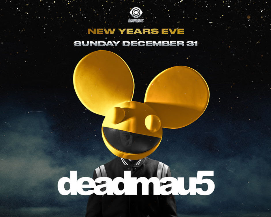 Promotional image for a Deadmau5 New Years Eve event. The DJ wears his signature yellow mouse helmet, with event details Sunday December 31 above and a dark starry background. deadmau5 is written at the bottom.