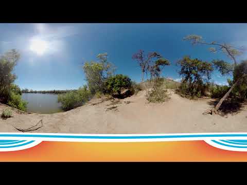 A sandy riverbank with scattered trees under a bright, clear blue sky at Talbert Nature Preserve, Costa Mesa. The sun shines intensely, casting shadows. Water lies to the left and a colorful orange, blue, and white border decorates the bottom.