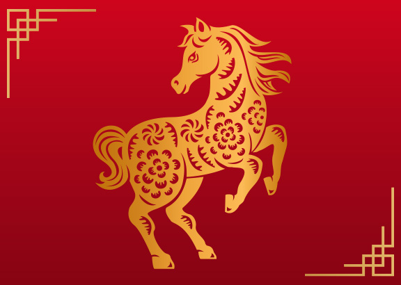 A gold decorative horse with floral patterns stands on its hind legs against a red background with gold corner accents, resembling a traditional Chinese design.