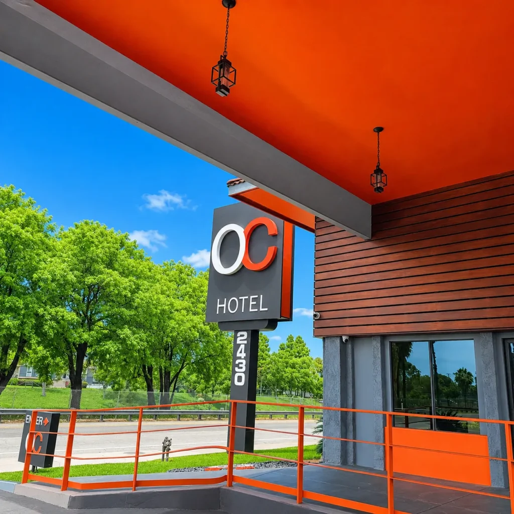 A modern OC Hotel Costa Mesa entrance features an orange ceiling and railing, wood paneling, a sign reading OC HOTEL 2430, and lush green trees in the background beneath a clear blue sky.