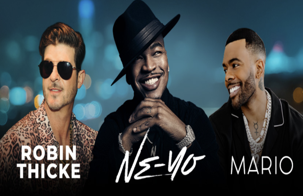 Three men are shown smiling in front of a blurred cityscape. Text below identifies them as Robin Thicke, Ne-Yo, and Mario. Ne-Yo is in the center wearing a black hat and jewelry, the other two are to his sides.