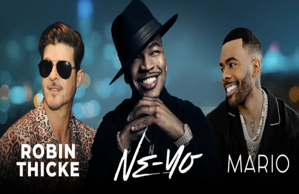 Three men are shown smiling in front of a blurred cityscape. Text below identifies them as Robin Thicke, Ne-Yo, and Mario. Ne-Yo is in the center wearing a black hat and jewelry, the other two are to his sides.