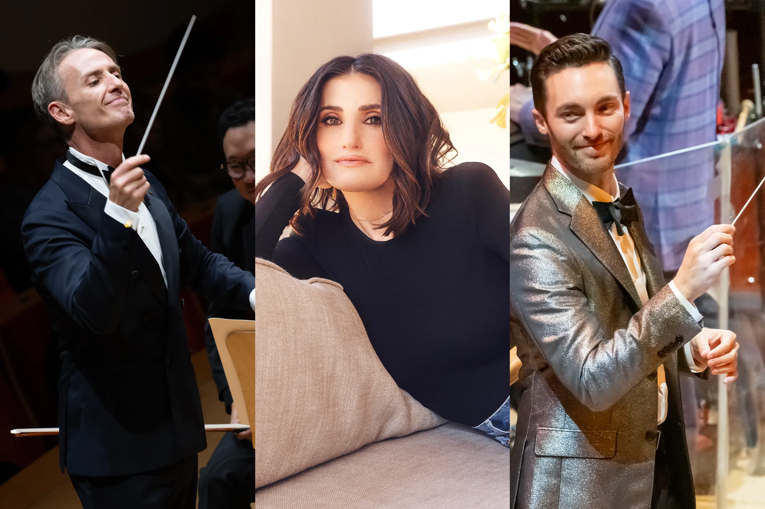 Composite image: Two men in tuxedos holding batons on either side, conducting—evoking the spirit of the Pacific Symphony Orange County—and a woman with shoulder-length dark hair sits on a couch in the center, wearing a black long-sleeve top and light pants, looking at the camera.