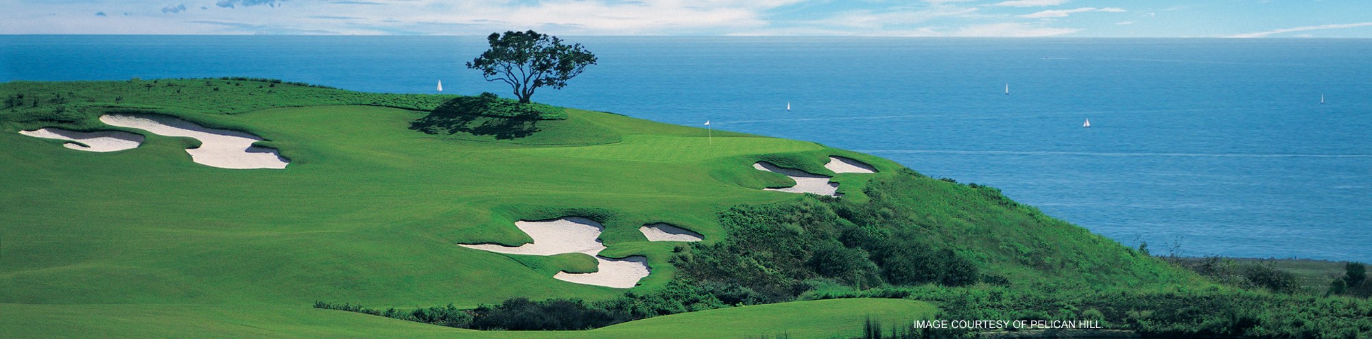 A lush green golf course with sand bunkers overlooks a blue ocean under a partly cloudy sky. A lone tree stands near the top of a hill, and small sailboats are visible on the water in the distance.