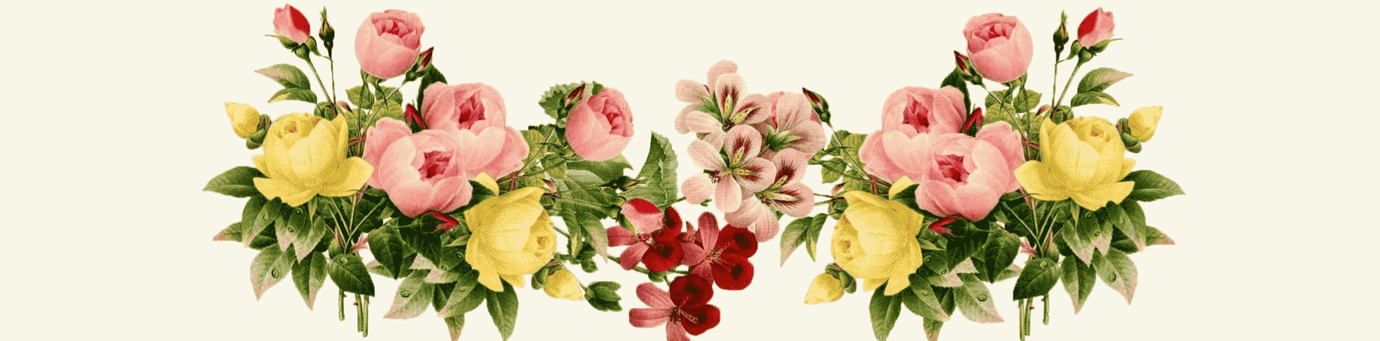 A symmetrical floral arrangement featuring pink and yellow roses, green leaves, and small red flowers on a light background.