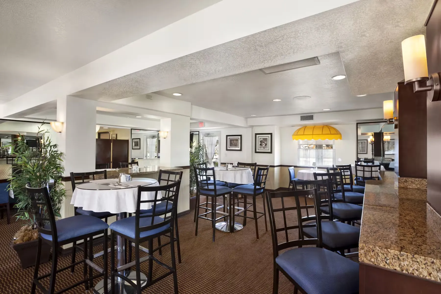 A bright, modern dining area at Ramada Costa Mesa features round tables with white cloths, dark wooden chairs with blue cushions, granite countertops, potted plants, framed art on the walls, and large windows letting in natural light.