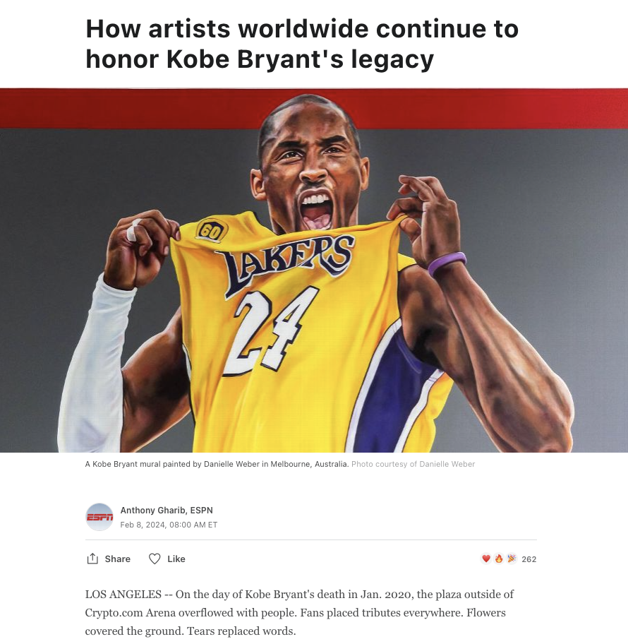 A painting of Kobe Bryant in a yellow Lakers jersey, number 24, pulling his shirt open passionately. The artwork is displayed above an article headline about Bryant’s legacy.