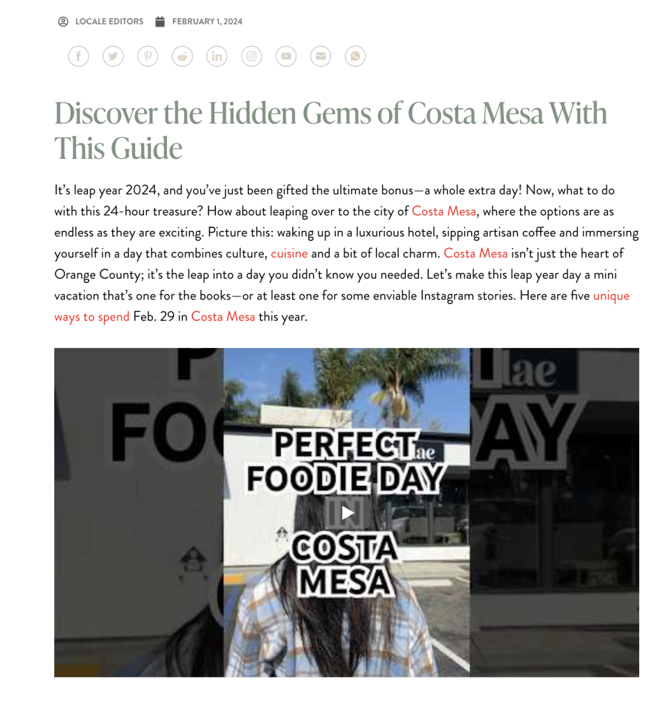 Screenshot of an article titled “Discover the Hidden Gems of Costa Mesa With This Guide,” featuring a header image with the text Perfect Foodie Day Costa Mesa over a background of a person posing outside a restaurant.