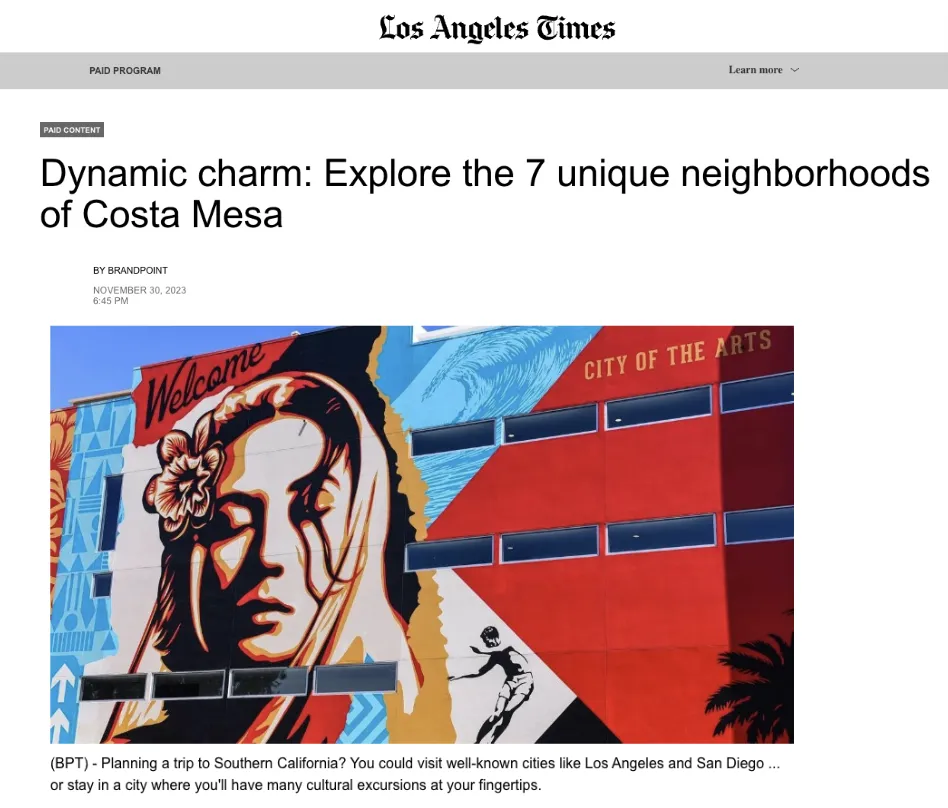 A colorful mural on a red and blue building features a womans face, a hand waving, and the words Welcome and City of the Arts. The mural represents Costa Mesas artistic vibe.
