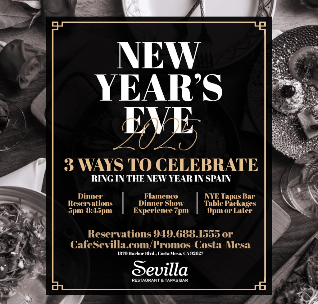 Promotional graphic for Sevilla Restaurant’s New Year’s Eve 2025, listing three celebration options: dinner reservations, flamenco dinner show, and tapas bar packages. Includes reservation info and event timings.