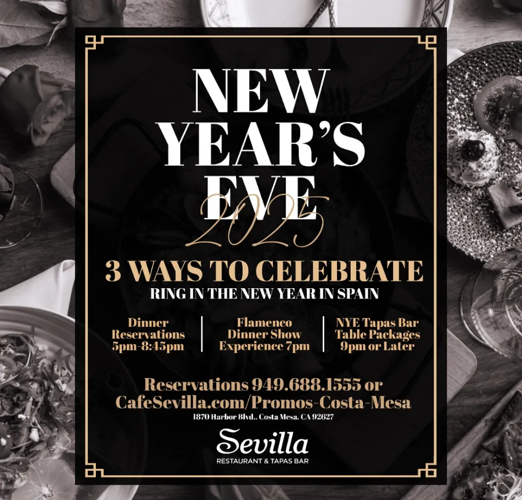 Promotional graphic for Sevilla Restaurant’s New Year’s Eve 2025, listing three celebration options: dinner reservations, flamenco dinner show, and tapas bar packages. Includes reservation info and event timings.