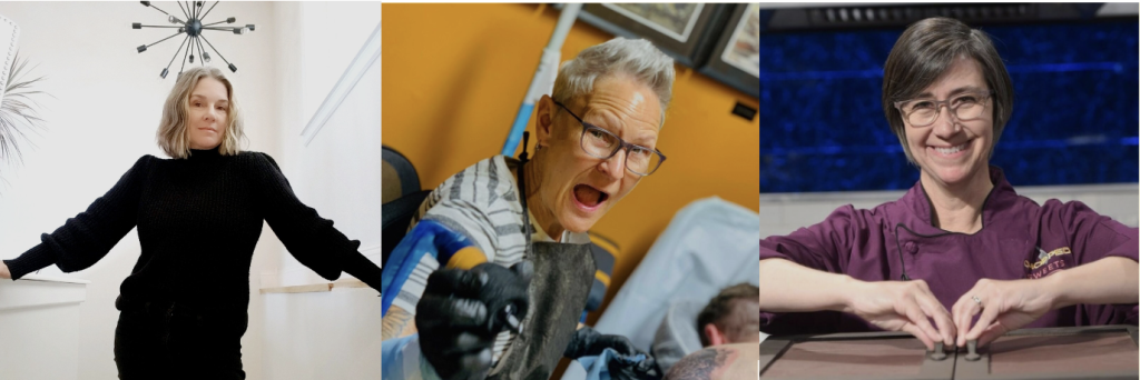Three women in different settings: one standing in a black sweater near a window, one smiling while tattooing someone, and one in a purple chefs coat smiling at a table.