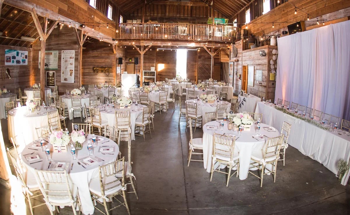 A rustic barn venue decorated for a wedding reception, with round and rectangular tables covered in white linens, floral centerpieces, and wooden chairs. Like top wedding venues Costa Mesa offers, it features soft natural lighting and a cozy loft with wooden walls.